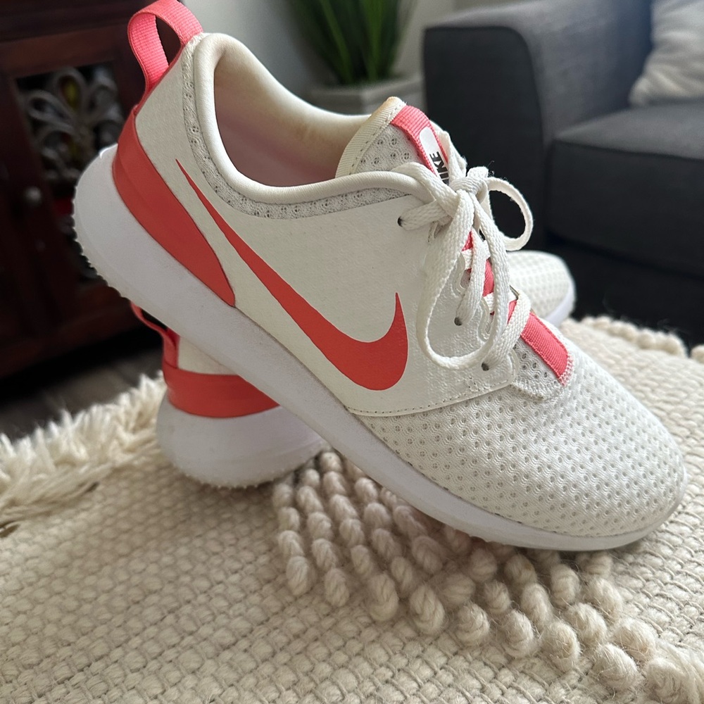 Nike White and Coral Golf Shoes